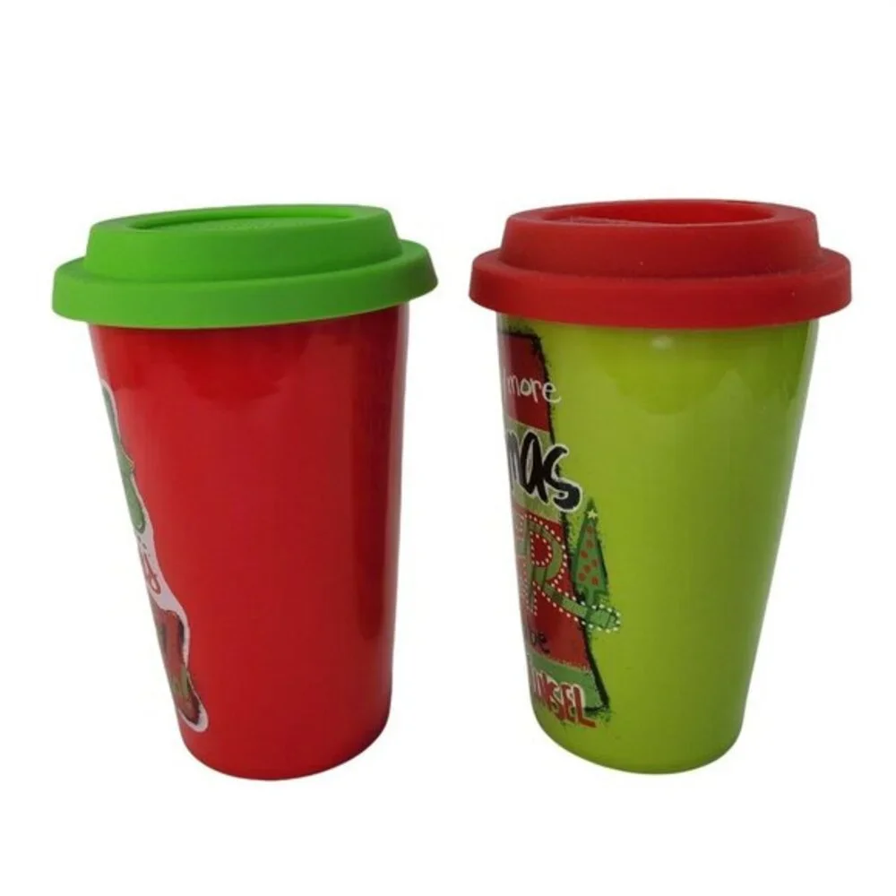 Christmas Saying Travel Mugs Tumbler Set‎ 2 Ceramic Silicone Lid Coffee Tea New